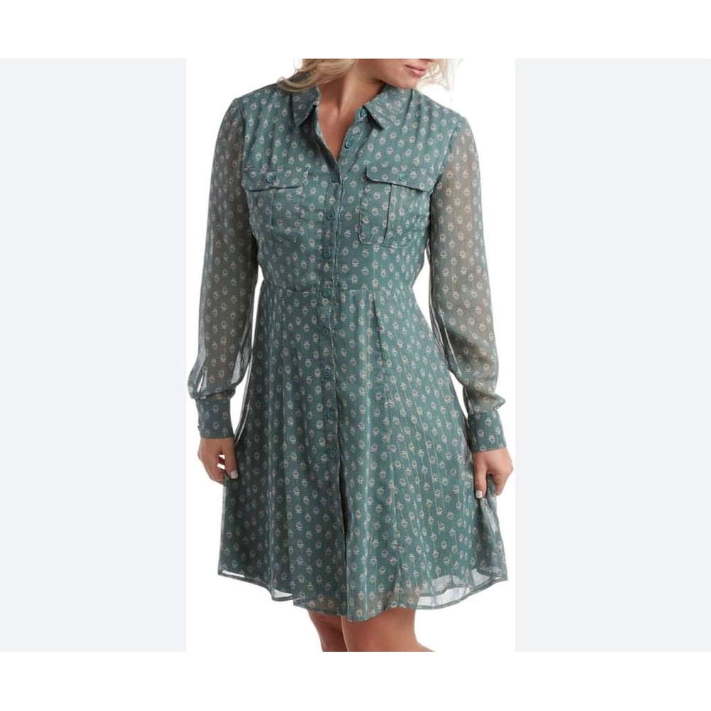 Lucky Brand Green Floral Button Front Shirt Dress Large Boho Cottage NWOT